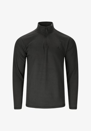 Sort langærmet trøje med høj krave og frontlynlås, diskret logo på venstre bryst, enkelt design.