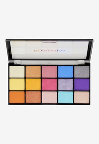 Palette mit 16 quadratischen Lidschattenfarben in verschiedenen Farben: Gelb, Orange, Pink, Lila, Blau und neutralen Tönen; untergebracht in einer schwarzen Kompaktverpackung.