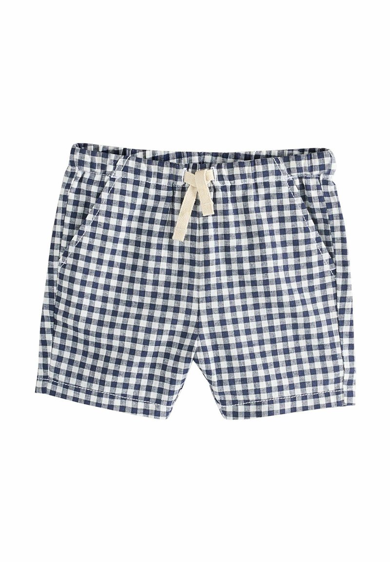 Marinblå och vit rutig shorts med elastiskt midjeband, dragsko och två sidofickor. Tillverkade av lättviktig tyg.