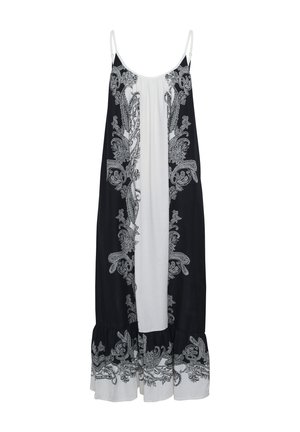 Schwarz-weißes Kleid mit aufwändigem Paisleymuster, weißem Mittelteil, verstellbaren Spaghetti-Trägern und gerafftem Saum.