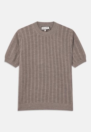 Brown ribbed short-sleeve sweater with a round neckline. Made of textured knit fabric, featuring vertical stripe patterns and fitted edges.