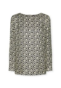 Svart och krämfärgad blus med ett geometiskt diamantmönster, långa ärmar och rund halsringning. Tillverkad av ett smidigt tyg med en avslappnad passform.