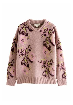 Lyserød strikket sweater med et blomstermønster i mørk lilla og grønne detaljer; rund hals og ribbede manchetter og kant.