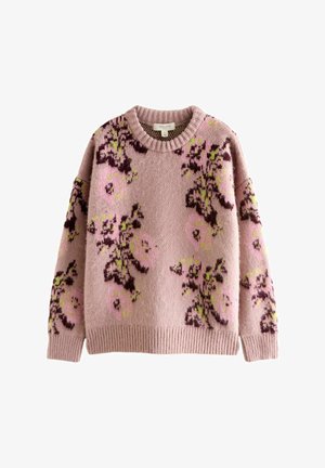 Helles rosa gestricktes Sweatshirt mit floralem Muster in dunklem Lila und grünen Akzenten; Rundhalsausschnitt und gerippte Bündchen sowie Saum.