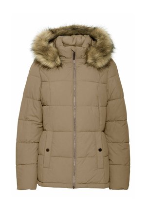 Puffermantel in hellbeige mit einer Kapuze aus Kunstfell, horizontalem Steppmuster, frontalem Reißverschluss und zwei Seitentaschen mit Druckknopfverschl�üssen.