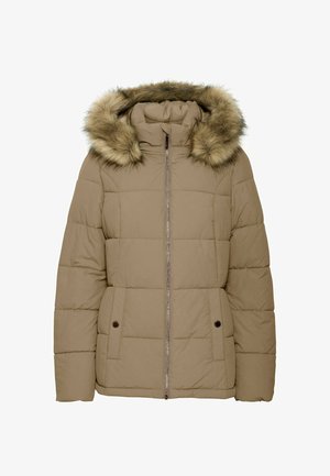Kurtka puchowa w jasnym beżu z futrzanym kapturem, poziomym pikowaniem, zamek błyskawiczny z przodu oraz dwoma bocznymi kieszeniami z guzikami.