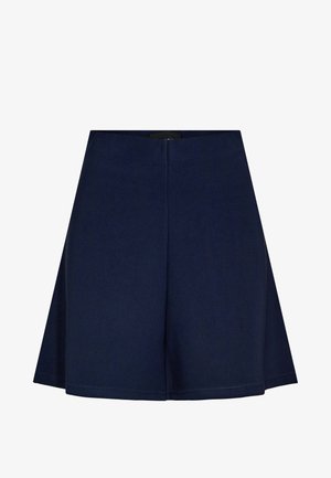 Tmavě modrá sukně áčkového střihu s předním švem, délkou ke kolenům, vyrobená z měkké látky.
