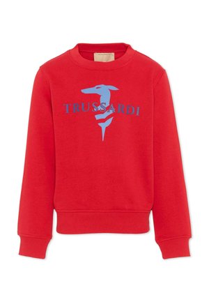 Czerwona bluza z długim rękawem, z prążkowanymi mankietami i dołem, z niebieskim stylizowanym chartem i logo "TRUSSARDI" na piersi.