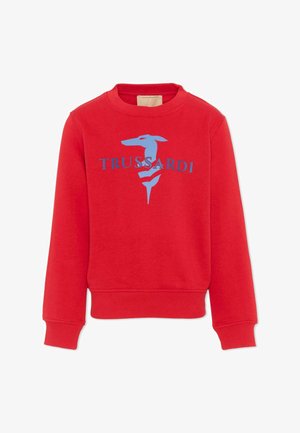 Czerwona bluza z długim rękawem, z prążkowanymi mankietami i dołem, z niebieskim stylizowanym chartem i logo "TRUSSARDI" na piersi.