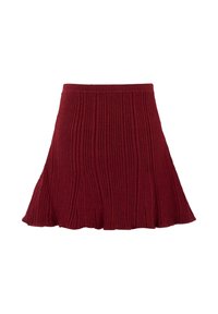 Gonna a coste rossa con orlo svasato, caratterizzata da un taglio a lunghezza media e un colore uniforme, realizzata in materiale morbido e flessibile.