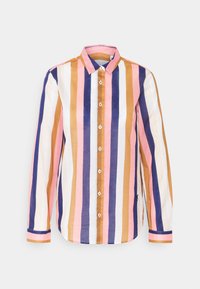 Randig långärmad skjorta i rosa, vitt, brunt och marinblått. Har en spetsig krage, knappstängning framtill och kontrasterande manschetter.