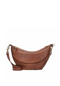 Hobo-Tasche aus distressed braunem Leder in runder Form, mit goldenen Nieten entlang des Reißverschlusses und einem abnehmbaren Schultergurt.