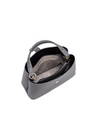 Borsa a tracolla in pelle grigia con due manici superiori, chiusura con zip e numerose tasche interne. Texture liscia con dettagli hardware minimalisti in oro.
