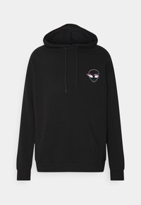 Schwarze Kapuzenjacke aus Baumwollmischung mit einer vorderen Tasche und einem kleinen Grafikdesign im linken Brustbereich. Mit verstellbarem Kordelzug in der Kapuze.