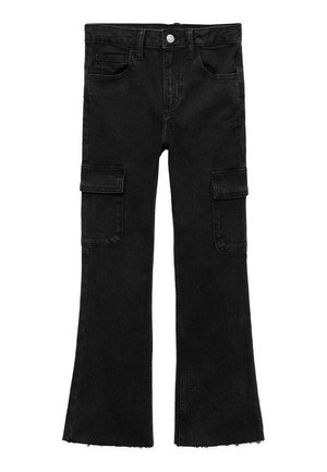 Svarta denim cargobukser med vida ben, två sidofickor, rå nederkant och knappstängning. Slät yta och hållbart material.