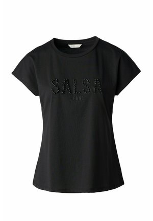 Camiseta negra de manga corta con cuello redondo, que presenta el texto "SALSA JEANS" en letras en relieve adornadas con pequeñas tachuelas.