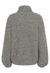 Pull en tricot gris avec un col montant, des coutures d'épaule tombantes et une texture côtelée ; présente une coupe ample et des manches bouffantes.