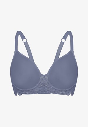 Formbügel-BH in einem Lavendelton mit glattem Stoff, Spitzenrand entlang der Unterkante, verstellbaren Trägern und dekorativem Detail in der Mitte.