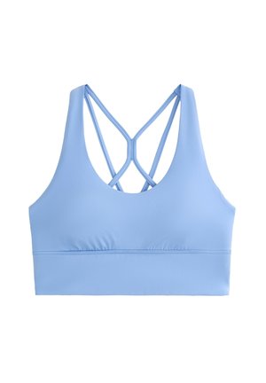 Hellblauer Sport-BH mit glatter Textur, Racerback-Design mit Kreuzträgern und einem breiten Unterband. Keine zusätzlichen Muster.