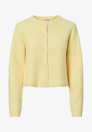 Geel geribbeld vest met lange mouwen, ronde halslijn en vijf knoopsluitingen aan de voorkant. Zachte textuur met een cropped fit.