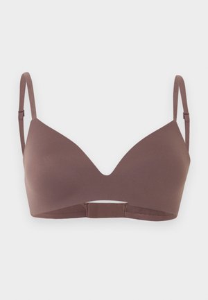 Reggiseno mauve liscio con spalline sottili regolabili e coppe sagomate, chiusura frontale con gancio, progettato per l'uso quotidiano.