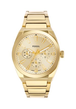 Goldene Fossil-Armbanduhr mit Metallgliedband, rundem Zifferblatt, drei Unterzifferblättern sowie goldfarbenen Stundenmarkierungen und Zeigern auf strukturiertem Zifferblatt.
