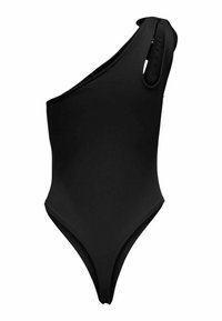 Costume da bagno intero nero con spallina singola e dettaglio cut-out. Il tessuto è liscio, con una texture elastica e aperture alte sulle gambe.