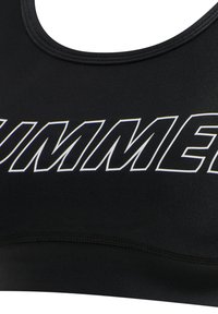 Svart sportbh med rund halsringning, platt sömnad och fet vit text med "SUMMER" över framsidan. Slät textur och figurnära design.