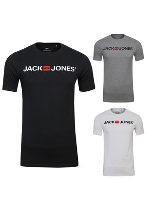 Drei kurzärmlige T-Shirts in Schwarz, Grau und Weiß. Jedes zeigt das Jack & Jones-Logo in großer Schrift über der Brust. Aus Baumwollmaterial.