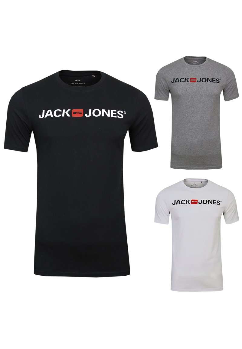 Drei kurzärmlige T-Shirts in Schwarz, Grau und Weiß. Jedes zeigt das Jack & Jones-Logo in großer Schrift über der Brust. Aus Baumwollmaterial.