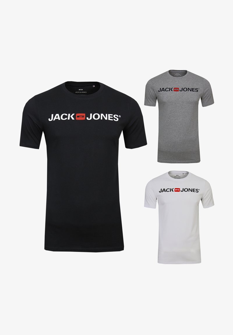 Drei kurzärmlige T-Shirts in Schwarz, Grau und Weiß. Jedes zeigt das Jack & Jones-Logo in großer Schrift über der Brust. Aus Baumwollmaterial.
