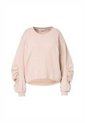Roze sweatshirt met een ronde halslijn, volumineuze mouwen met verzameld stofdetails en een cropped zoom. Zachte textuur, casual ontwerp.