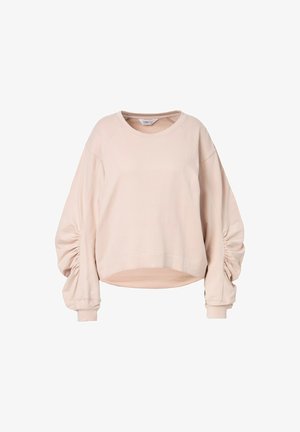 Rosa Sweatshirt mit runder Ausschnitt, voluminösen Ärmeln mit gerafften Stoffdetails und einem gekürzten Saum. Weiche Textur, lässiges Design.