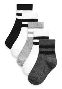 Cinq paires de chaussettes de cheville en noir, blanc et gris. Texture côtelée avec des rayures contrastantes. Mélange de coton pour le confort.