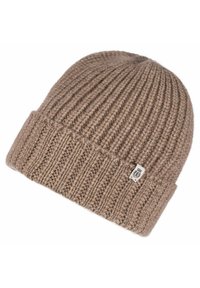 Brown knitted beanie featuring a ribbed texture, folded cuff, and a small label on the side. Made of soft, thick yarn.