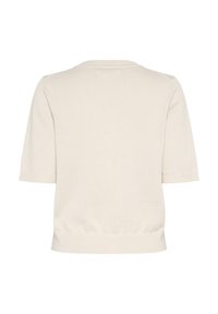 Pull en tricot crème à manches courtes avec un col rond, un ourlet et des poignets côtelés. Texture lisse avec un design minimaliste.