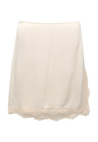 Fustă crema cu un design fluid, având un detaliu de dantelă la margine. Fabricată dintr-un material ușor, cu o textură netedă.