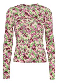 Krátký rukáv top v krémové barvě s vícebarevným květinovým vzorem obsahujícím fialové, zelené a hnědé akcenty. Měkká, elastická tkanina s obepínajícím střihem.