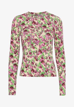 Langærmet top i creme med et flerfarvet blomstermønster, der har lilla, grønne og brune accenter. Blødt, strækbart stof med en tætsiddende design.