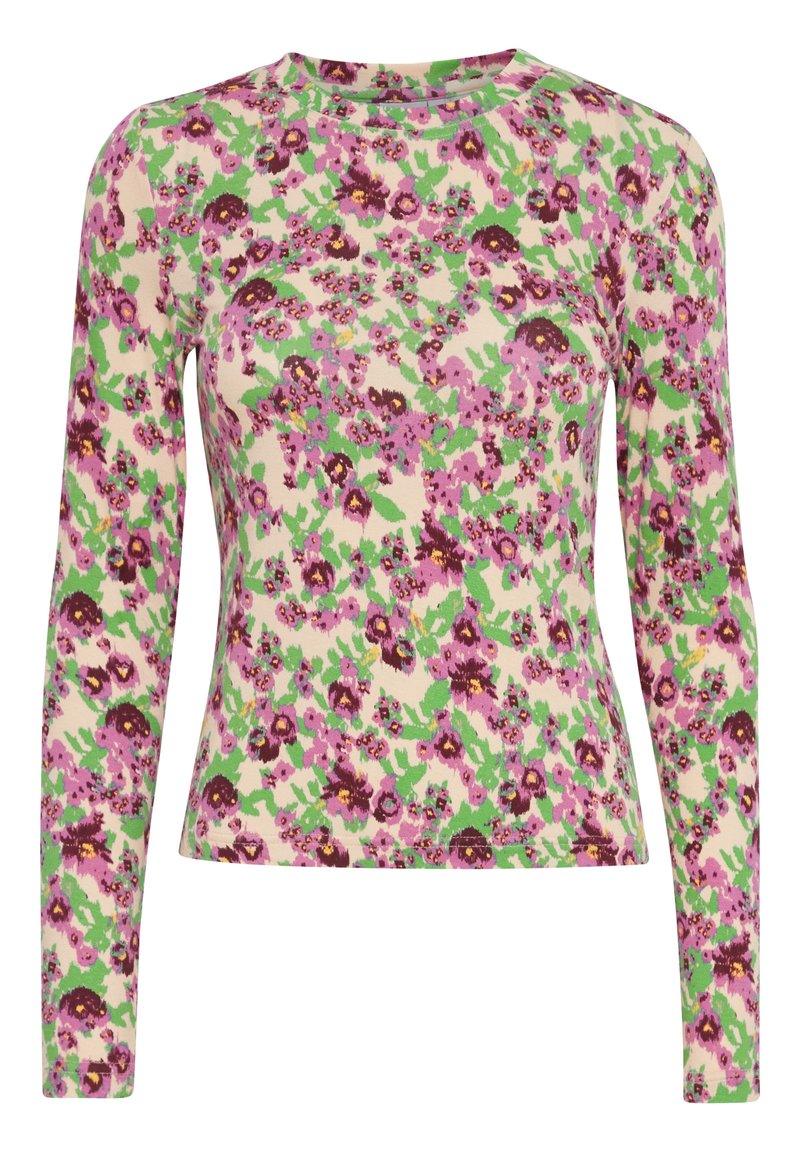 Krátký rukáv top v krémové barvě s vícebarevným květinovým vzorem obsahujícím fialové, zelené a hnědé akcenty. Měkká, elastická tkanina s obepínajícím střihem.