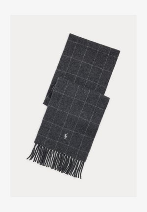Grått ullskjerf med rutemønster, med frynser på kantene og en liten brodert logo. Myk tekstur og rektangulær form.