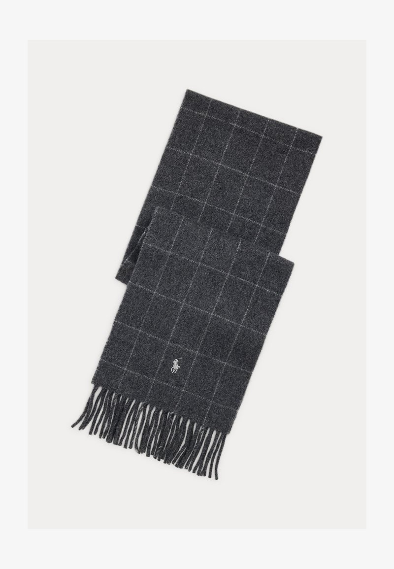 Pelēks vilnas šalle ar režģa rakstu, ar bārkstīm malās un mazu izšūtu logotipu. Mīksta tekstūra un taisnstūrveida forma.