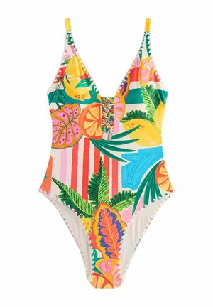 One-piece swimsuit features a vibrant tropical print with fruits and leaves, multi-colored design, deep V-neck, and adjustable straps.