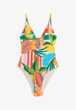Helkropsbadedragt med et levende tropisk print med frugter og blade, flerfarvet design, dyb V-hals og justerbare stropper.