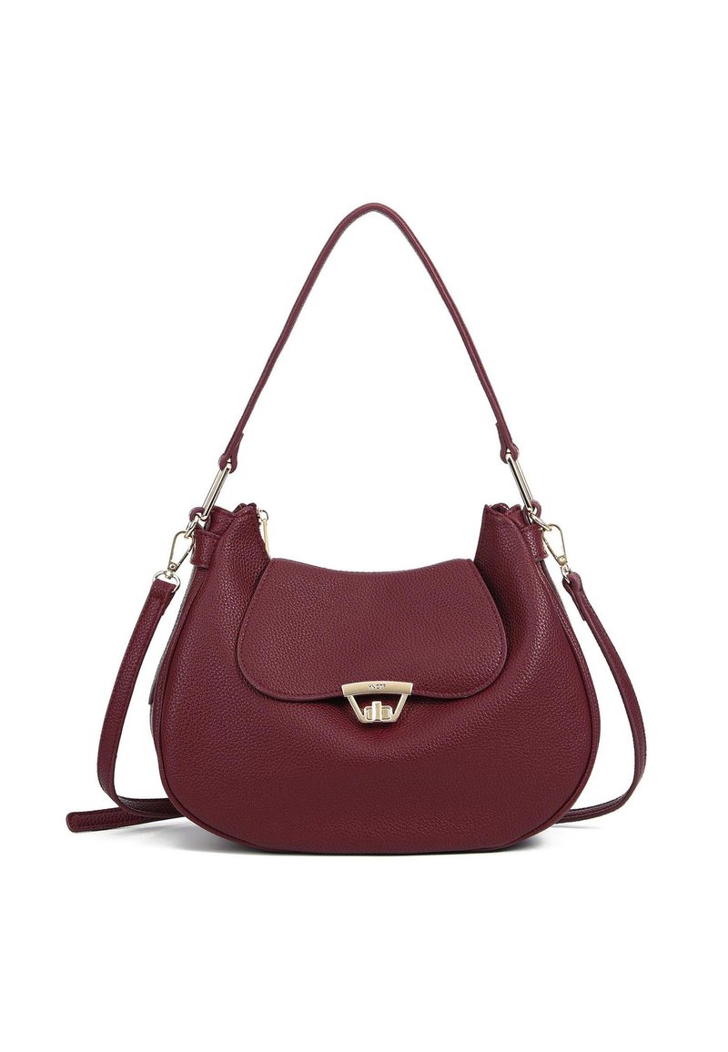 Borsa a mano in pelle bordeaux con forma arrotondata, superficie testurizzata, chiusura a pattina e dettagli in metallo dorato. Presenta una tracolla.