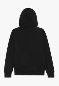 Black hoodie with a kangaroo pocket, ribbed cuffs, and hem. Features a soft texture and a large hood at the back. Minimalistic design.