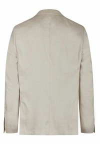 Beige linnen blazer met een notch-kraag, enkele achtersplit en twee zijzakken. Gladde textuur, getailleerde pasvorm en knoopmanchetten.