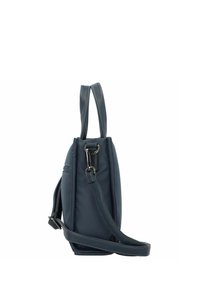 Borsa a tracolla blu navy con forma rettangolare, dotata di due manici corti e di una tracolla regolabile. Texture liscia con cuciture a contrasto.