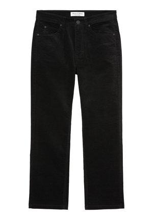 Pantalon en velours côtelé noir, coupe droite, avec bouton devant, fermeture éclair et design à cinq poches, étiquette Marc O’Polo à la taille.