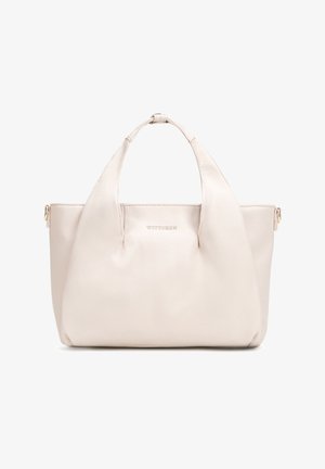 Krémově zbarvená kožená kabelka se dvěma úchyty a malým zlatým logem „WITTCHEN“ uprostřed na přední straně.